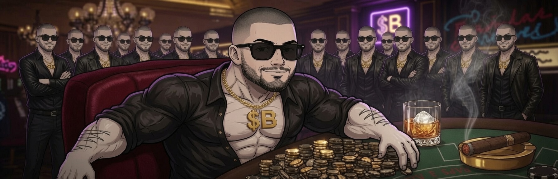 A bro at the poker table backed by his crew, neon $B sign glowing behind